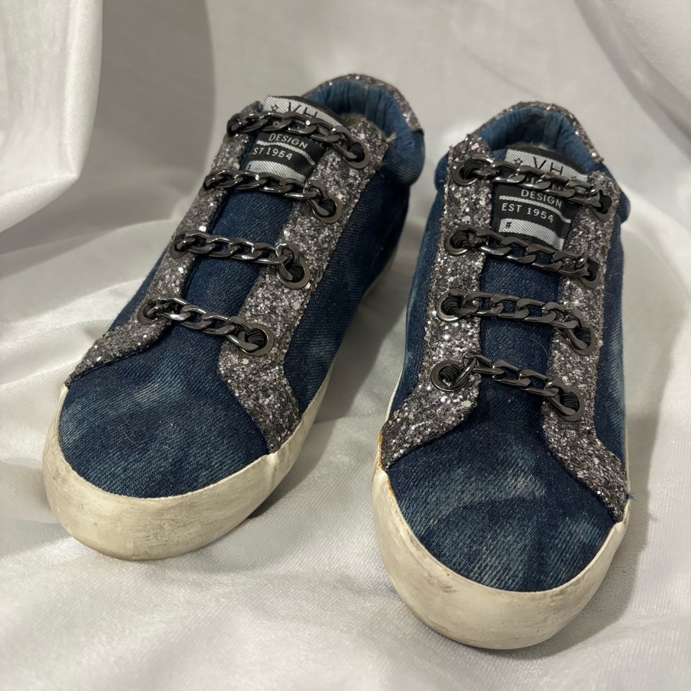 Blue Denim Chain Link Sparkly Shoes Sneakers Size 6 Slip on